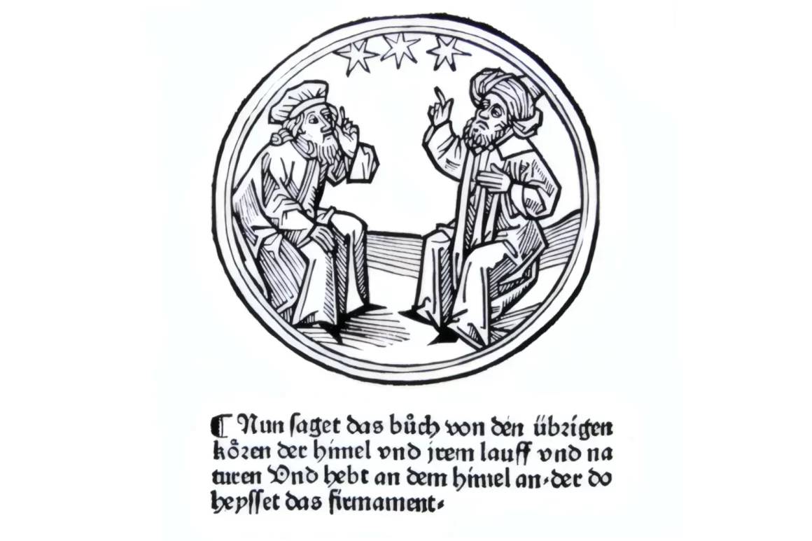 Il s'agit d'une illustration tirée d'un ouvrage ancien, probablement du astrologue de renom arabe Albumasar. Deux astrologues parlent.