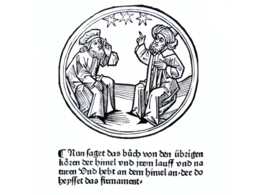 Il s'agit d'une illustration tirée d'un ouvrage ancien, probablement du astrologue de renom arabe Albumasar. Deux astrologues parlent.
