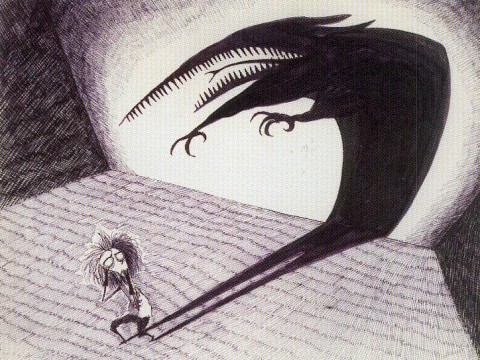 Dessin fantastique en noir et blanc représentant un personnage terrifié par son ombre déformée projetée sur le mur derrière lui.