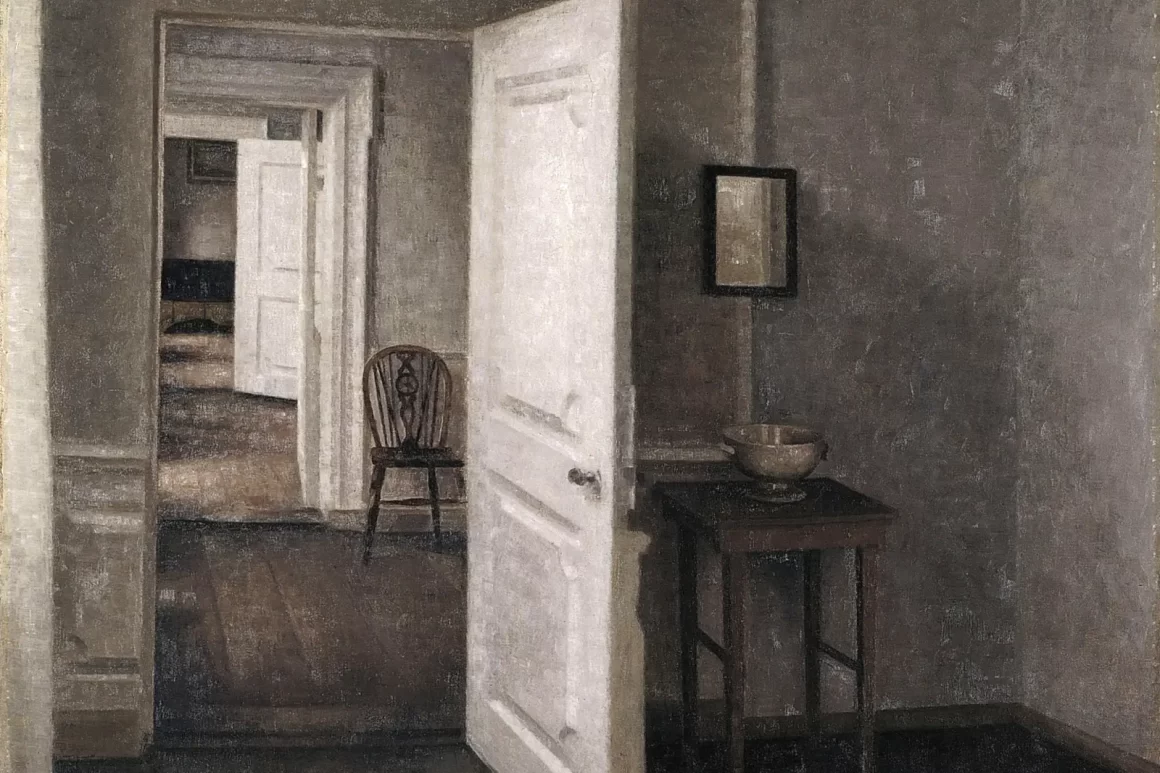 Suite de pièces et de portes ouvertes dans un intérieur de Vilhelm Hammershøi, évoquant les différents espaces des maisons astrologiques.