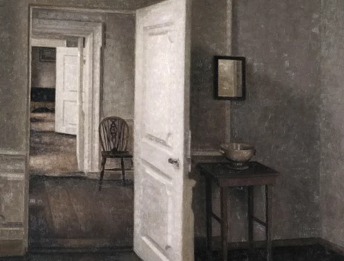 Suite de pièces et de portes ouvertes dans un intérieur de Vilhelm Hammershøi, évoquant les différents espaces des maisons astrologiques.