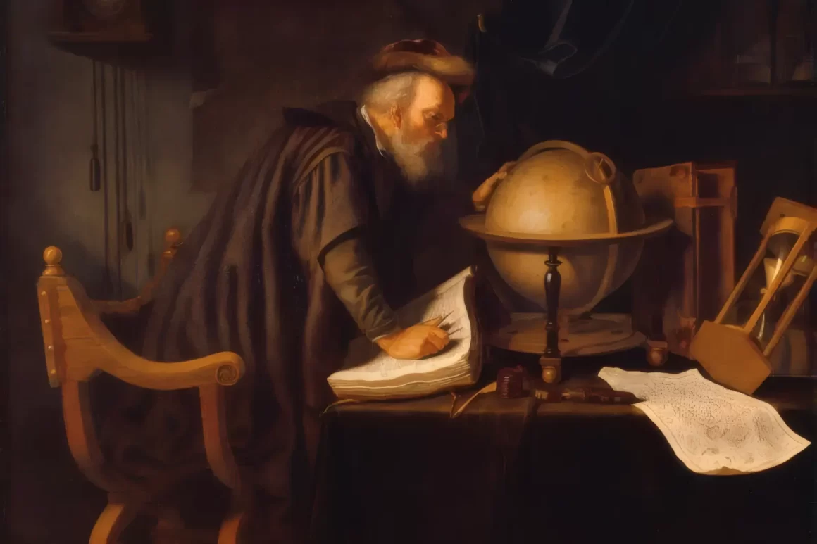 Vieil homme étudiant un globe et des manuscrits, évoquant Saturne en astrologie, le temps, la maturité et la connaissance.