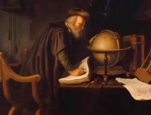 Vieil homme étudiant un globe et des manuscrits, évoquant Saturne en astrologie, le temps, la maturité et la connaissance.
