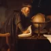 Vieil homme étudiant un globe et des manuscrits, évoquant Saturne en astrologie, le temps, la maturité et la connaissance.