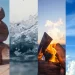 Montage de quatre paysages symbolisant les quatre éléments astrologiques : feu, terre, air et eau.