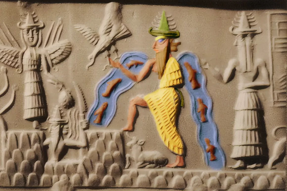 Relief mésopotamien représentant le dieu Enki, entouré de flots d’eau et de poissons, en lien avec le Verseau astrologique.
