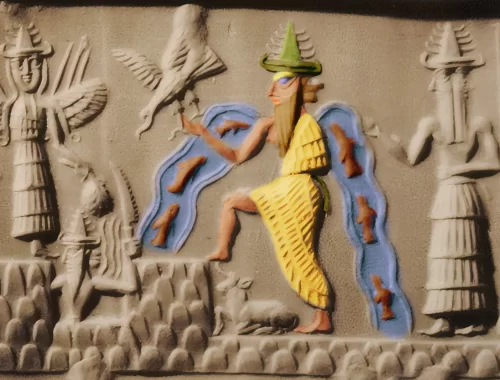 Relief mésopotamien représentant le dieu Enki, entouré de flots d’eau et de poissons, en lien avec le Verseau astrologique.