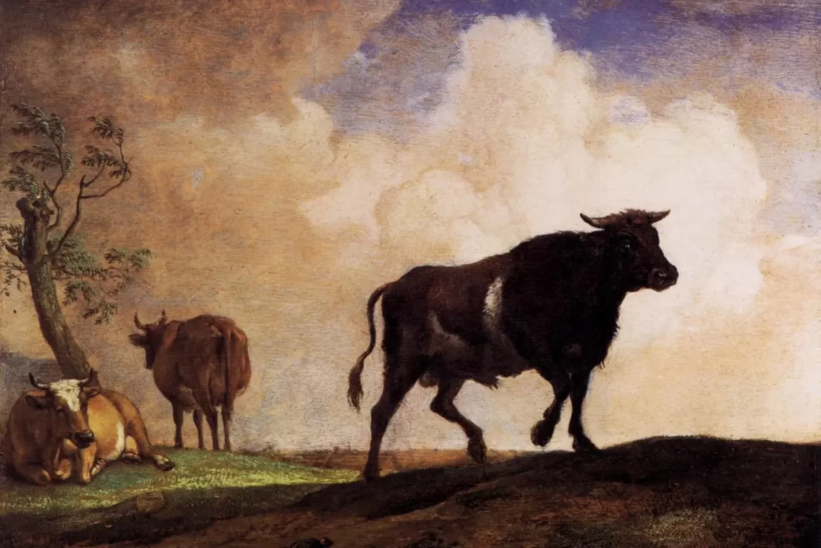 Taureau avançant dans un paysage pastoral, illustrant le signe du Taureau et sa dimension terrestre en astrologie.