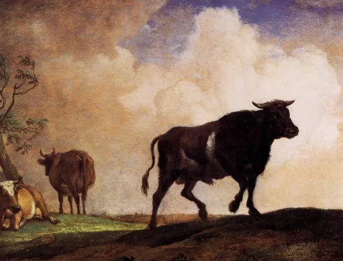 Taureau avançant dans un paysage pastoral, illustrant le signe du Taureau et sa dimension terrestre en astrologie.
