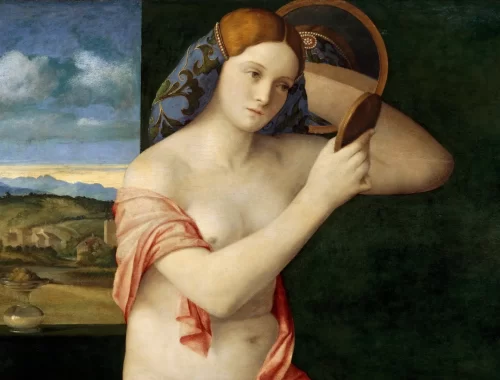 Jeune femme nue observant son reflet dans un miroir, tableau de Giovanni Bellini illustrant l’introspection et la connaissance de soi.